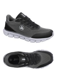 Black and gray athletic shoes featuring breathable mesh panels, a cushioned sole, and a white outsole with textured grooves. JAKO logo present.