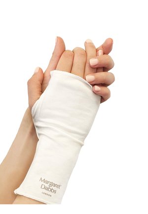 Weißer Baumwollhandschuh mit offenem Design an der Oberseite, mit einem Logo in der Nähe des Handgelenks. Zwei Hände sind sanft gefaltet und zeigen gepflegte, manikürte Nägel.