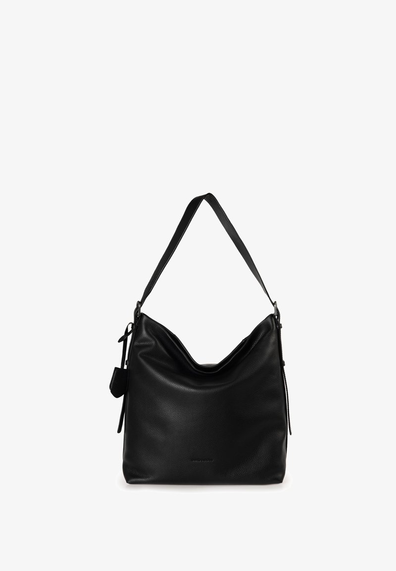 Borsa a spalla in pelle nera con una forma morbida e floscia, dotata di una sola tracolla e di una piccola pochette attaccata per ulteriore spazio di stoccaggio.