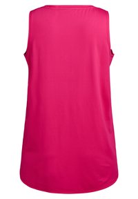Sleeveless top in bright pink, made of smooth fabric. Features a round neckline and a curved hem. Minimalist design with no embellishments.