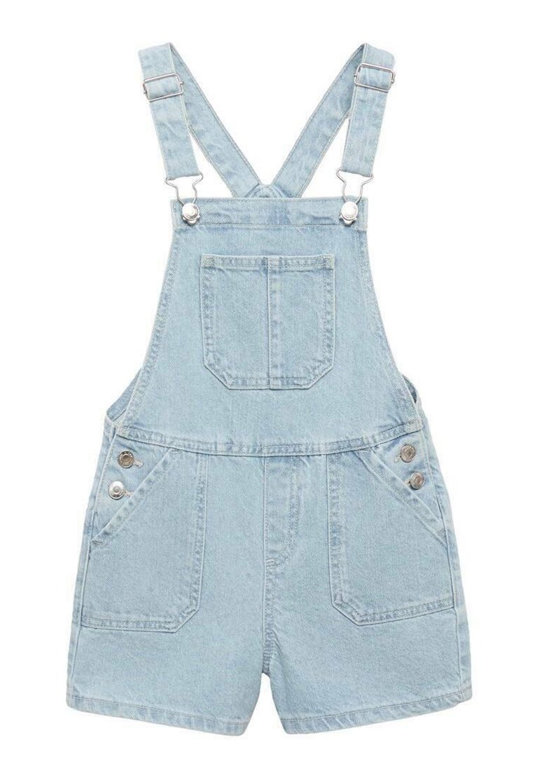 Svetlo modri džišoverali, kratke oblike, s prilagodljivimi naramnicami, dvema sprednjima žepoma in dvema stranskima gumboma za zapiranje. Ravna tekstura.