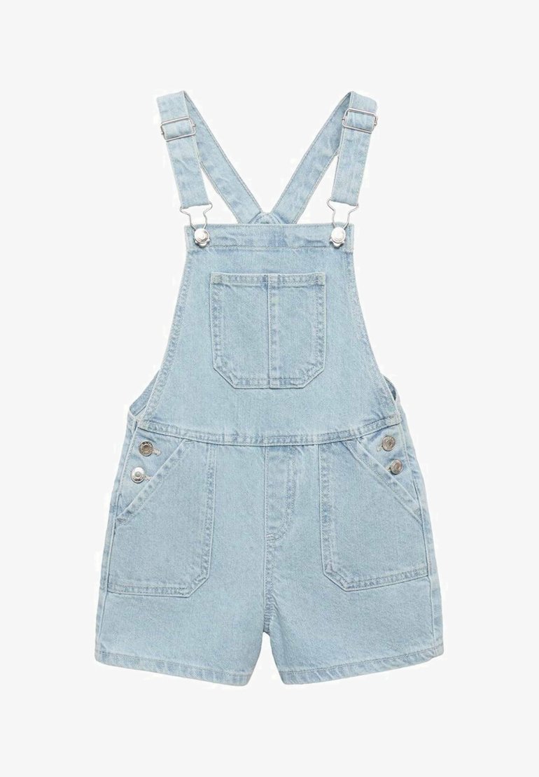 Svetlo modri džišoverali, kratke oblike, s prilagodljivimi naramnicami, dvema sprednjima žepoma in dvema stranskima gumboma za zapiranje. Ravna tekstura.