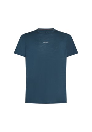 Navy blue performance T-shirt with short sleeves, lightweight fabric, and subtle texture, featuring a small logo on the front.