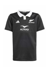 Czarna koszulka polo rugby z białym kołnierzykiem, z logo ALL BLACKS i ALTRAD, wykonana z oddychającego materiału o teksturowanym wzorze.