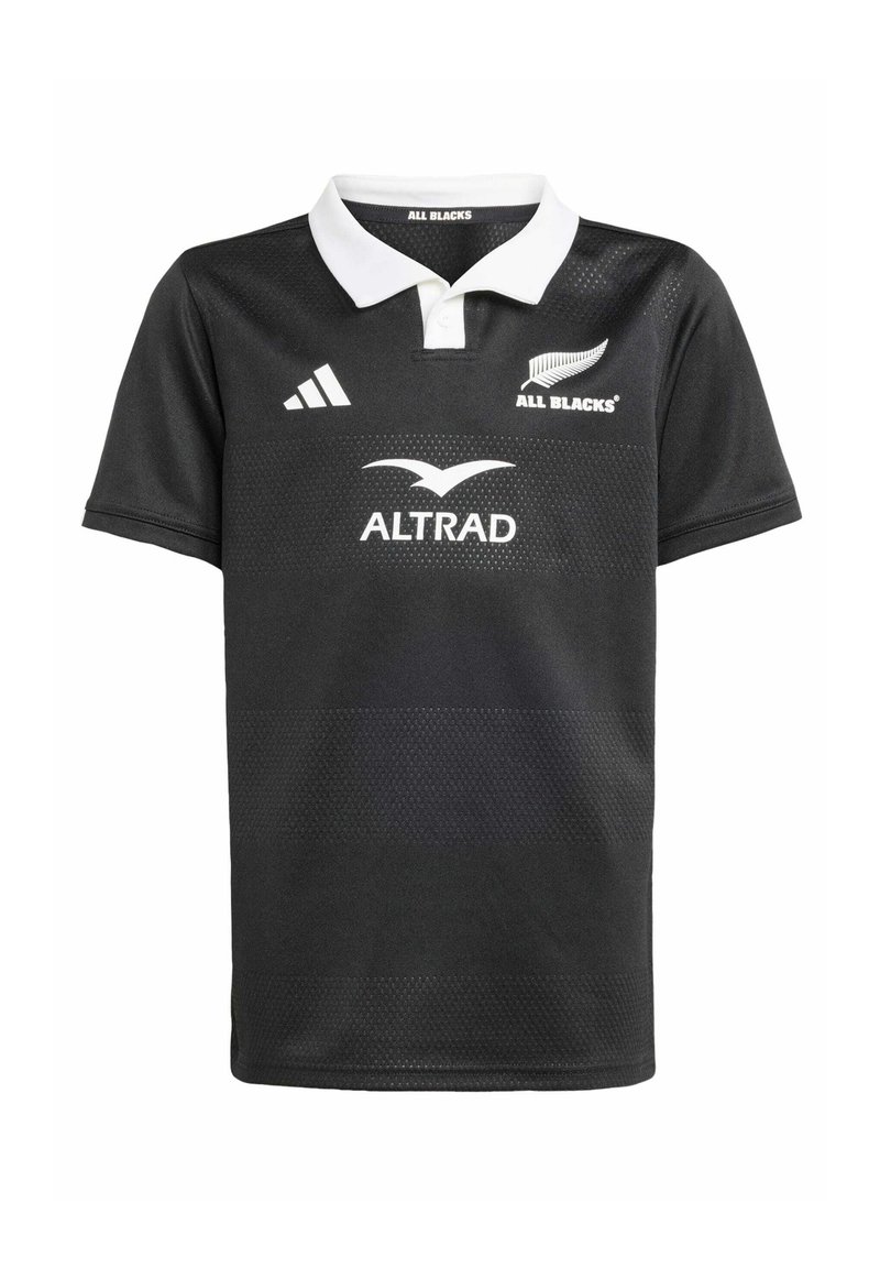 Czarna koszulka polo rugby z białym kołnierzykiem, z logo ALL BLACKS i ALTRAD, wykonana z oddychającego materiału o teksturowanym wzorze.
