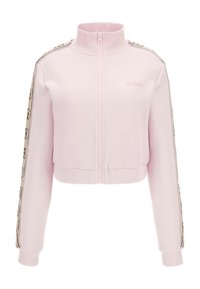 Gekürzte rosa Jacke mit Reißverschluss und hohem Kragen, mit seitlichen Streifen und Logomustern sowie gerippten Bündchen für Textur.
