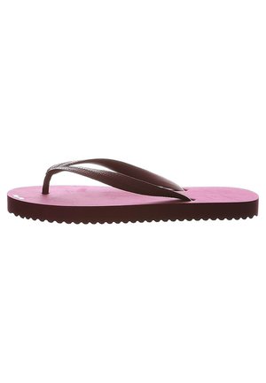 Pink flat flip-flop with brown textured straps and a ridged sole for traction, shown from a side view on a white background.