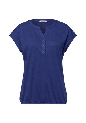 Blaue Kurzarmbluse mit drei Knöpfen vorne, rundem Ausschnitt mit Kerbe, weiter Passform und elastischem Saum für den Freizeitlook.