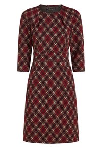 Rot kariertes Kleid mit Dreiviertelärmeln, runder Halslinie, tailliertem Oberteil und ausgestelltem Rock. Strukturierter Stoff mit diagonalen Mustern.