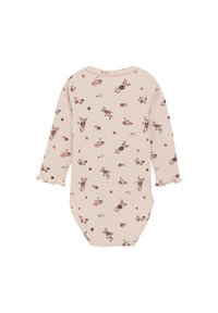 Långärmad baby bodysuit i mjuk rosa ribbad tissu, med små blommönster i nyanser av bourgogne och kräm. Volangärmar.