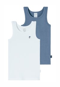 Dwa podkoszulki: jedna biała i jedna ciemnoniebieska. Obie są bawełniane, mają okrągłe dekolty i małe logo na białej podkoszulce.