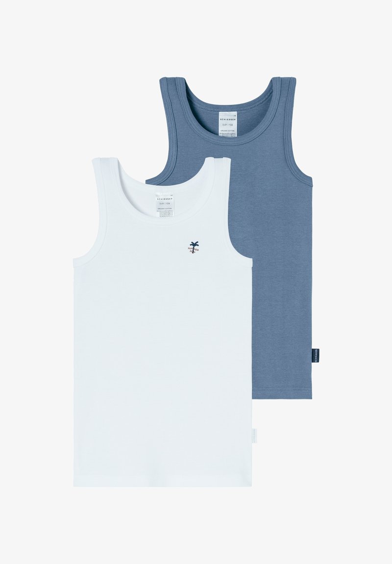 Dwa podkoszulki: jedna biała i jedna ciemnoniebieska. Obie są bawełniane, mają okrągłe dekolty i małe logo na białej podkoszulce.