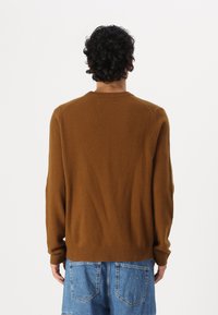 Pull en tricot marron avec un col rond et des manches longues. Texture douce et poignets côtelés ; il présente une coupe relaxée et un design simple.