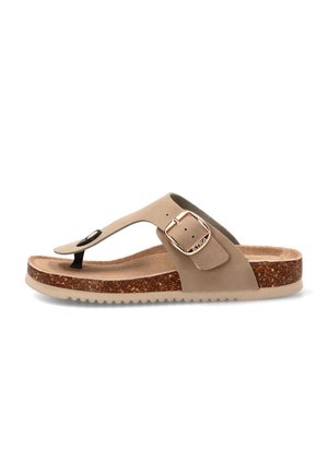 Sandalia de tira tipo tanga en color beige con plantilla de corcho, hebilla lateral ajustable y suela dentada para uso informal.