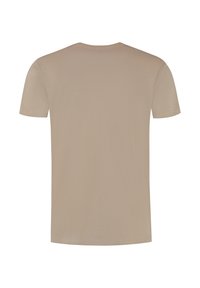 Korte mouwen t-shirt in beige, gemaakt van zachte stof. Heeft een ronde halslijn en naadloze achterkant, met een eenvoudige, gladde textuur.