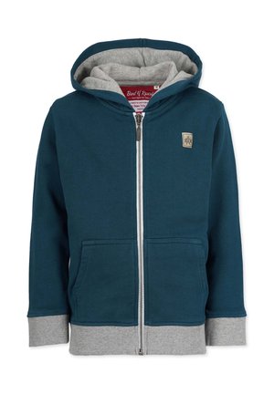 Niebieska bluza z kapturem na zamek, z szarymi mankietami, pasem na dole i wewnętrzną podszewką kaptura, z przednimi kieszeniami i małą naszywką z logo na piersi.