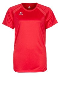 Camiseta deportiva roja hecha de una tela suave que absorbe la humedad. Presenta mangas cortas, un escote redondo y detalles de malla en los hombros.