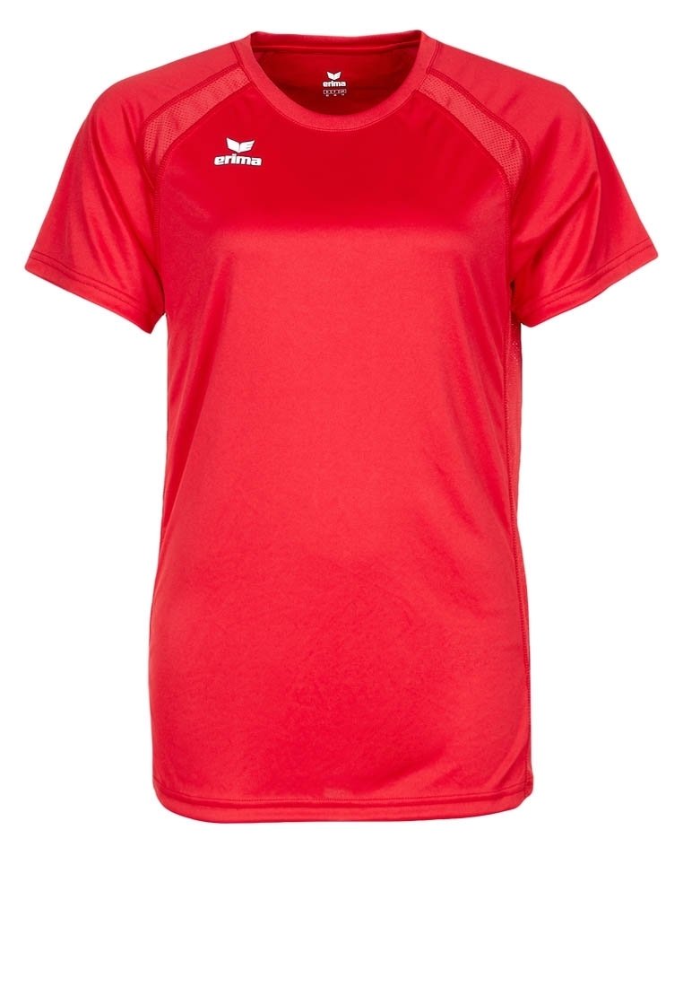 Camiseta deportiva roja hecha de una tela suave que absorbe la humedad. Presenta mangas cortas, un escote redondo y detalles de malla en los hombros.