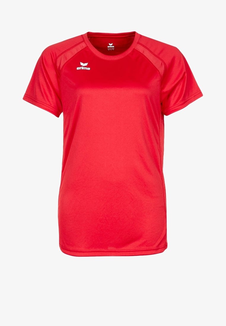 Camiseta deportiva roja hecha de una tela suave que absorbe la humedad. Presenta mangas cortas, un escote redondo y detalles de malla en los hombros.