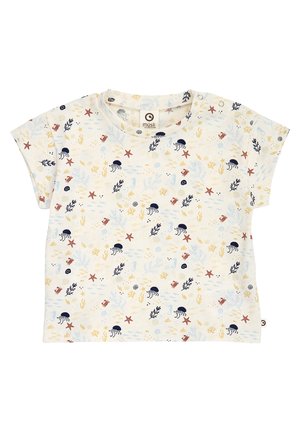 Short-sleeve white toddler shirt with all-over sea life print including jellyfish, starfish, crabs, seahorses, and coral branches.