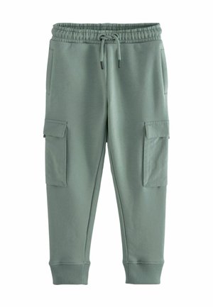 Pantalon de jogging vert clair avec taille élastique, cordon de serrage, poches latérales, poches cargo sur les jambes et poignets côtelés aux chevilles.