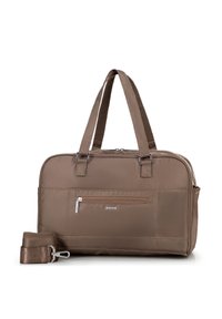 Borsa per laptop in tessuto marrone con due manici superiori, una tracolla staccabile, tasca frontale con zip, superficie testurizzata e dettaglio del logo RFID.