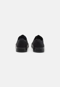 Black canvas sneakers featuring a low-profile design, rubber soles, and a smooth texture with a minimalist aesthetic.
