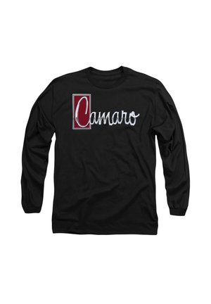 Schwarzes Langarmshirt mit einem auffälligen weißen, geschwungenen "Camaro"-Logo und einem roten Akzent hinter dem Buchstaben 'C'. Weicher Stoff.