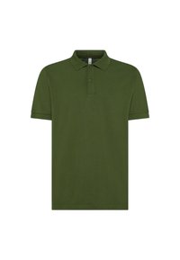 Polo verde oliva realizzato in cotone, con colletto classico, maniche corte, chiusura a due bottoni e un piccolo logo sul petto.