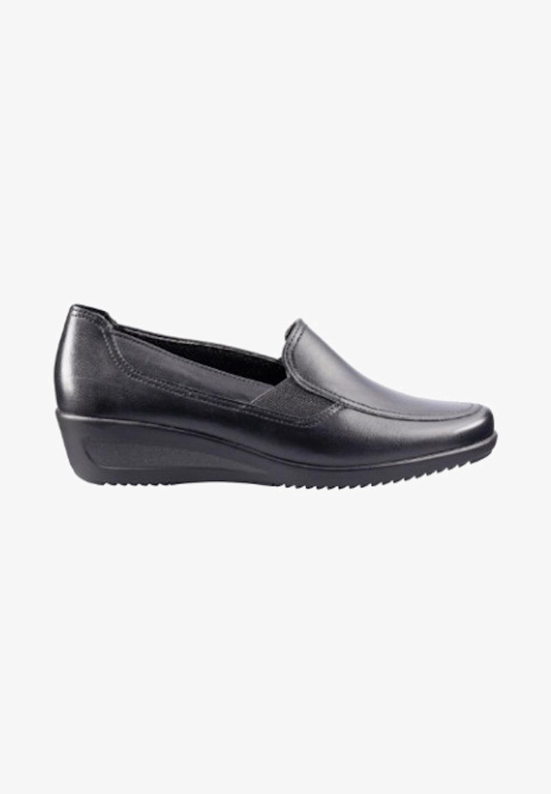 Chaussure femme en cuir noir à enfiler, avec un petit talon compensé et des panneaux latéraux élastiques pour un port facile.