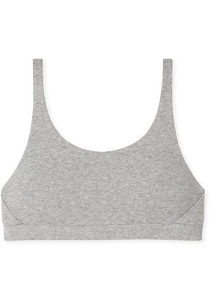 Grijze geribbelde bralette met een ronde halslijn, brede banden en naadloze constructie. De textuur is zacht en rekbaar voor comfort.