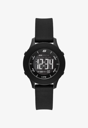 Digitale zwart polshorloge met ronde wijzerplaat, waarop 12:00 uur 's middags wordt weergegeven, indicatoren voor weekdagen en knoppen met de labels licht, modus, start en reset.