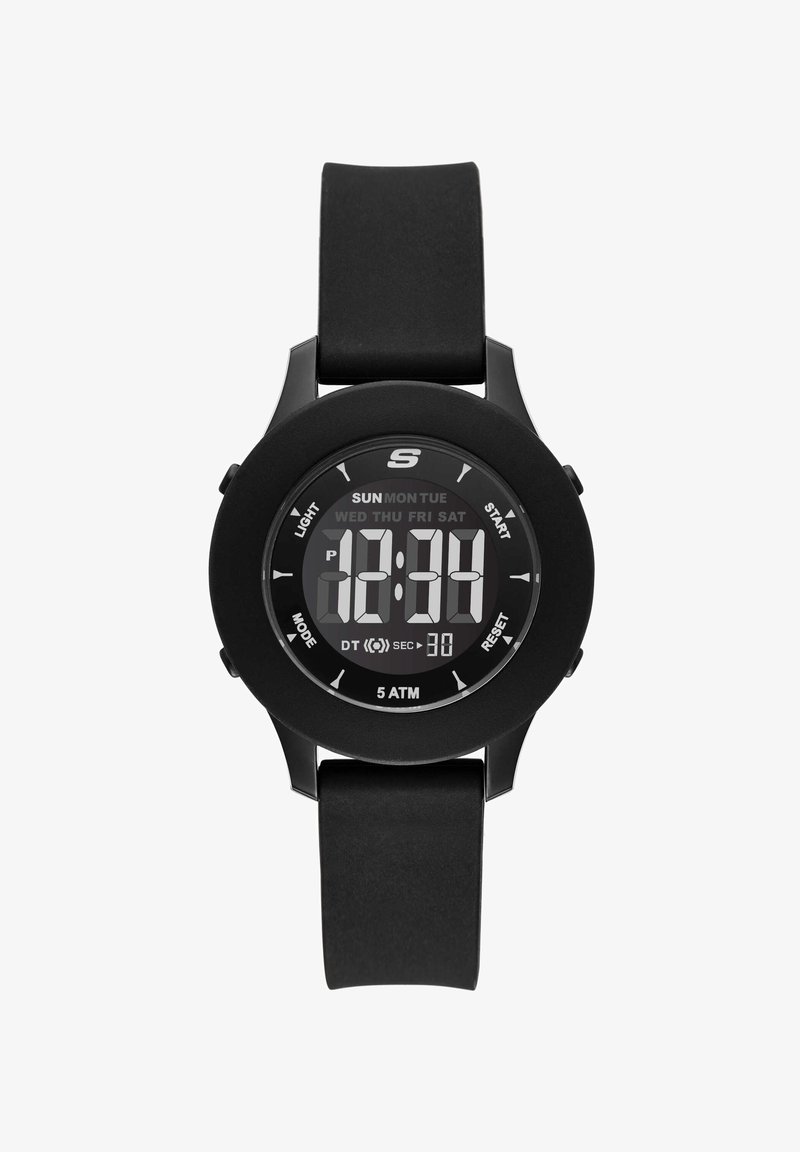 Digitale schwarze Armbanduhr mit rundem Zifferblatt, zeigt 12:00 Uhr mittags, Wochentagsanzeiger und Tasten mit den Beschriftungen Licht, Modus, Start und Reset.
