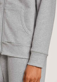 Grijze zip-up hoodie met ribbels aan de manchetten en onderrand, zijzakken en een zachte katoenmix. Minimalistisch ontwerp zonder zichtbare patronen.
