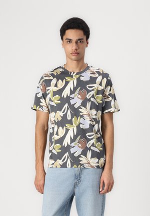 Tricou cu mâneci scurte și guler rotund, de culoare gri închis, cu un model floral în nuanțe de crem, verde și maro. Fabricat dintr-un material moale din bumbac.