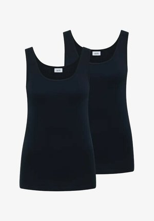 Dwa czarne, bezrękawnikowe topy z okrągłym dekoltem, prosty wzór, widoczne z przodu, lekko zachodzące na siebie.