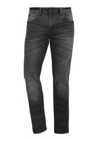 Jeans de denim negro con un lavado descolorido, diseño de pierna recta, estilo de cinco bolsillos y cierre de botón. Presenta un ligero desgaste en la rodilla.