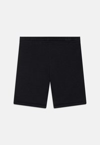 Svarta stretchiga bomullsshorts med en mjuk textur, knälängd och elastiskt midjeband. Inga märkbara mönster eller accenter.