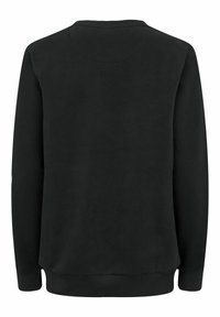 Svart sweatshirt med rundad halsringning, långa ärmar, ribbade muddar och fåll, slät tygtextur och inga synliga mönster eller detaljer.