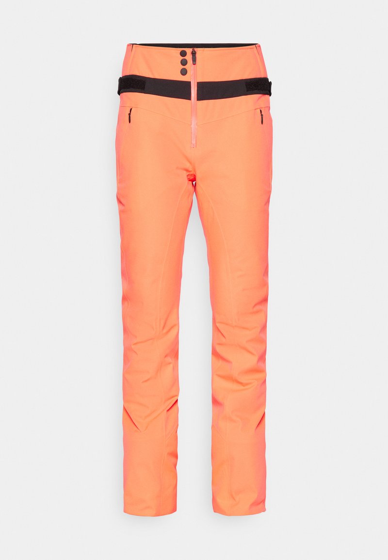 Helle orange Skihosen mit hoher Taille, schwarzen Akzenten, funktionalem Reißverschluss und zwei seitlichen Taschen, aus wasserabweisendem Material.