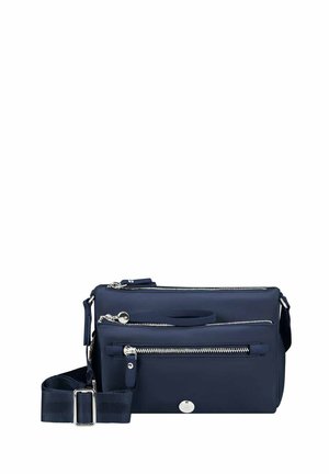 Navyblaues Umhängetasche mit drei silbernen Reißverschlussfächern, verstellbarem Schulterriemen und kleinem runden Logo auf der Vorderseite.