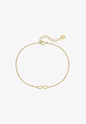 Pulsera de oro con un centro de símbolo de infinito. Diseño de cadena delicada, con un acabado texturizado y un cierre ajustable para el tamaño.