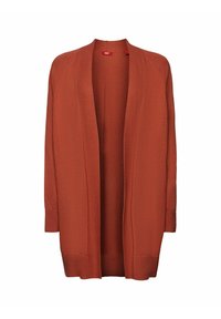 Kardigan ve spálené oranžové barvě z měkkého pleteného materiálu. Otevřený střih vpředu, dlouhé rukávy a žebrované detaily na manžetách a lemu. Bez zapínání.