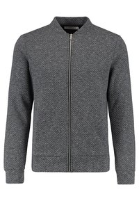 Grijze zip-up jack met een gestructureerd patroon, staande kraag en ribgebreide manchetten. Gemaakt van een zachte, rekbare stof voor comfortabel dragen.