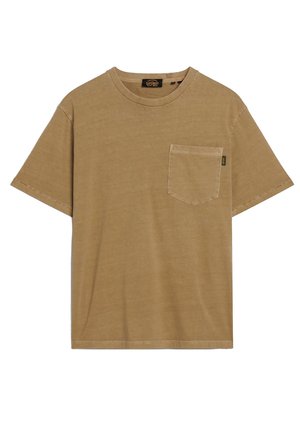 Brown cotton t-shirt with crew neckline, short sleeves, and a left chest pocket. Features a subtle texture and straight hemline.
