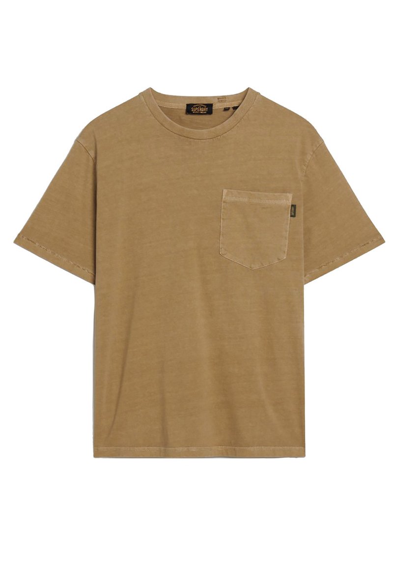 Brown cotton t-shirt with crew neckline, short sleeves, and a left chest pocket. Features a subtle texture and straight hemline.