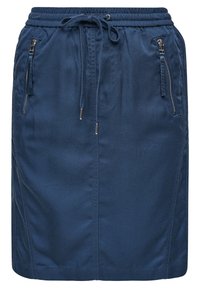 Marinblå kjol med elastisk midja och dragsko. Har två framfickor med dragkedja och ett slätt, strukturerat tyg. Medellång design.