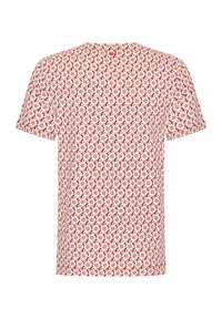 Lyhythihainen t-paita kermanvärisellä pohjalla, jossa on punainen kukkakuosi. Ominaisuuksiin kuuluu rento istuvuus ja pyöreä kaula-aukko. Valmistettu kevyestä kankaasta.