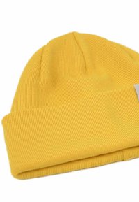 Yellow knit beanie hat with a ribbed texture and folded cuff. Made from soft fabric, featuring a simple, unembellished design.