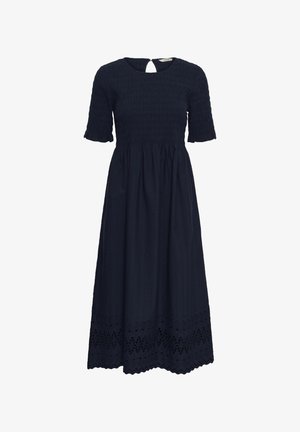 Marineblaues Midikleid mit kurzen Puffärmeln, gerafftem Oberteil, Schlüsselloch-Rücken und Saum mit Lochspitzenverzierung.